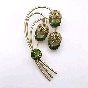 Vintage Juliana For Sarah Coventry Flower Sprig Brooch Gold Tone Green Glass